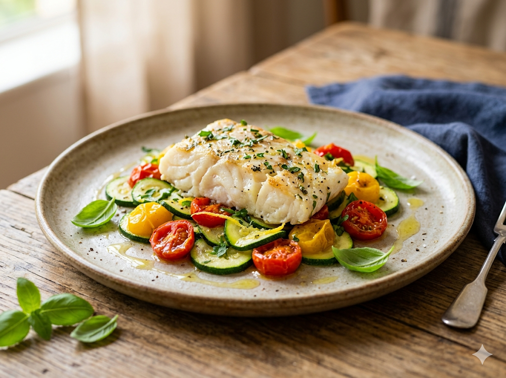 Filetti di Merluzzo con Zucchine e Pomodorini