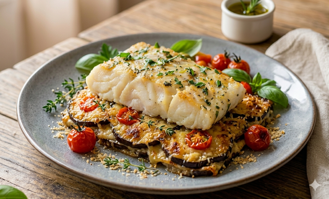 Filetti di Merluzzo con Melanzane Gratinati al Forno